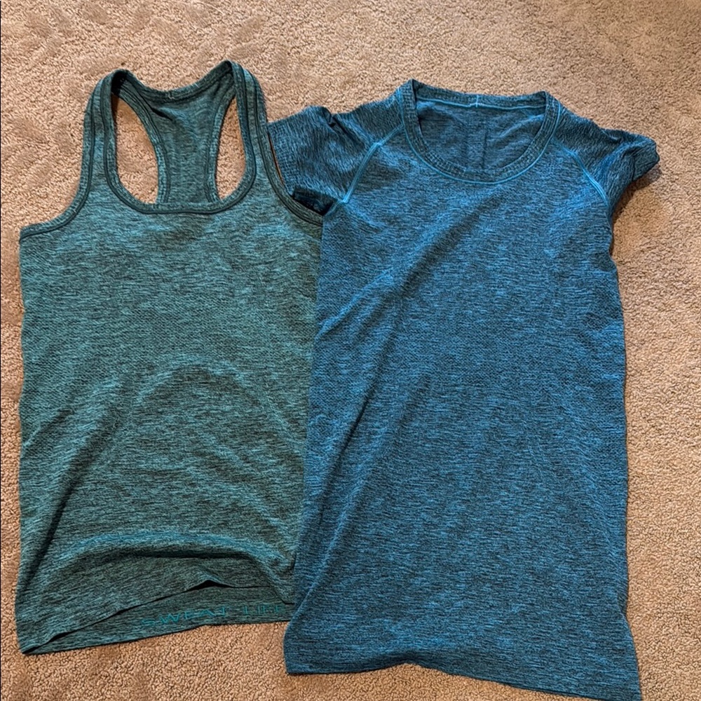 lululemon athletica Teal and Blue Heathered Short Sleeve & Racerback Tops